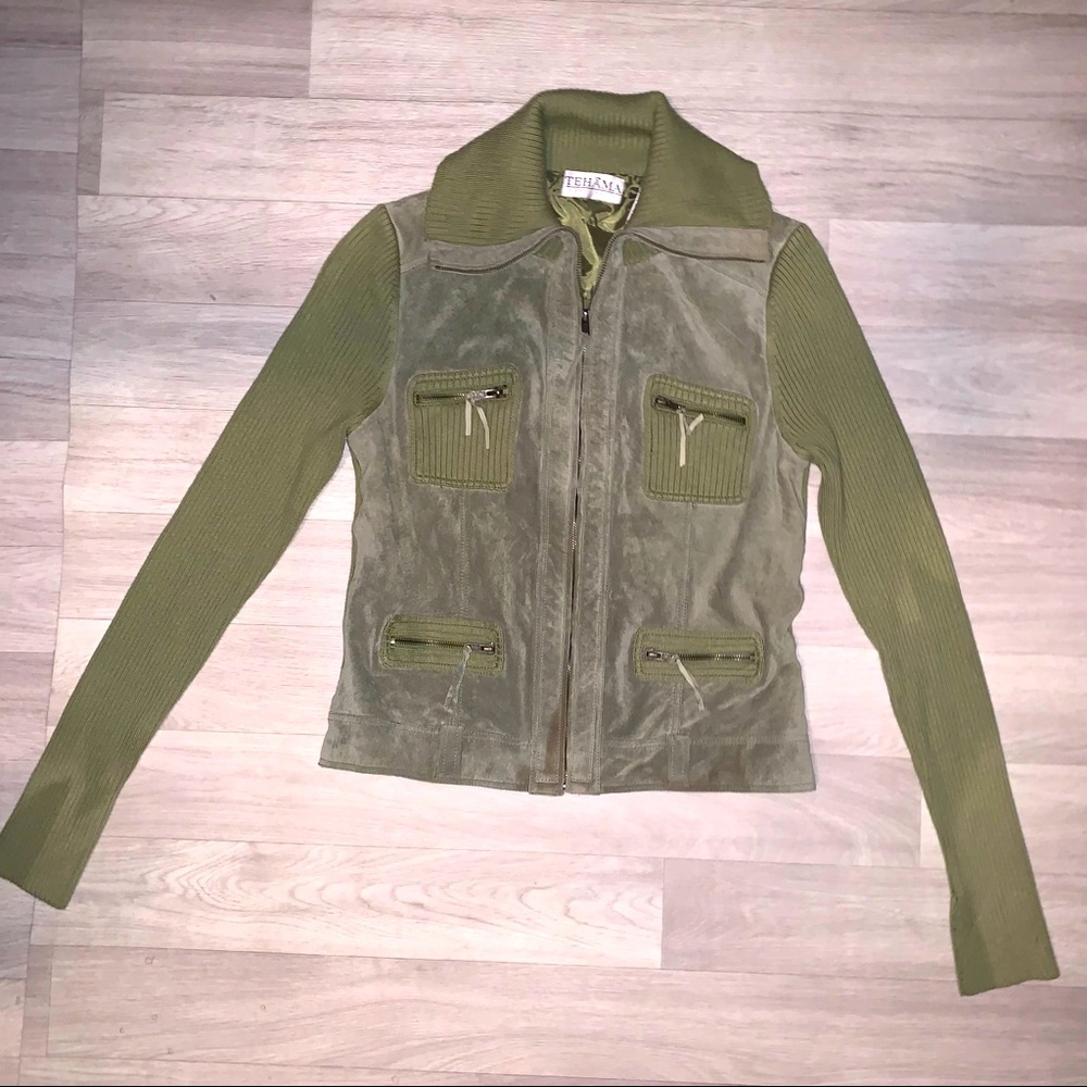 TEYHAMA OLIVE GREEN SUEDE AND SWEATER ZIP UP JACKET-SIZE SMALL- EUC